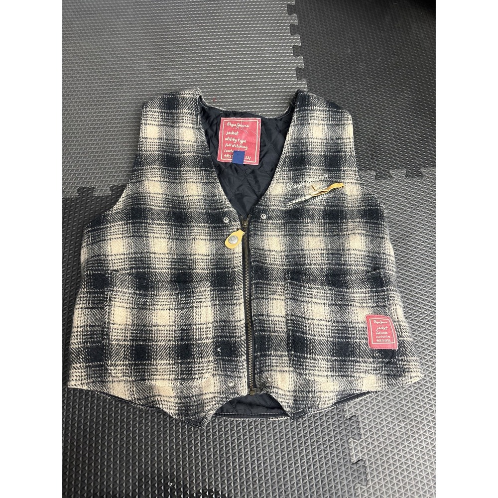 Pepe Jeans London Men's L Plaid Wool‎ Blend Utility Work Vest Full Zip Quilted